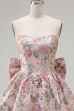 Vestido de bienvenida floral Jacquard rosa A-Line con lazo