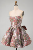Vestido de bienvenida floral Jacquard rosa A-Line con lazo