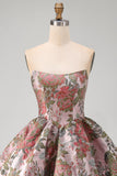 Vestido de bienvenida floral Jacquard rosa A-Line con lazo