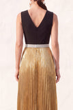 Vestido formal negro dorado con cuello en V plisado y abertura