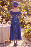 Vestido de madre de la novia azul marino con flojos en línea A y líneas en A descubierto con mangas de 3/4