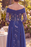 Vestido de madre de la novia azul marino con flojos en línea A y líneas en A descubierto con mangas de 3/4