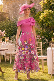 Vestido largo de madre de la novia fucsia de un hombro floral con lazo