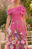 Vestido largo de madre de la novia fucsia de un hombro floral con lazo