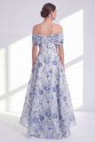 Vestido de Madre de la novia con una flor azul de línea A al hombro bajo