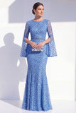 Vestido largo de madre de la novia azul sirena, cuello redondo, con cuentas y mangas largas