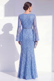 Vestido largo de madre de la novia azul sirena, cuello redondo, con cuentas y mangas largas