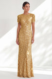 Sirena brillante, lentejuelas doradas de cuello redondo, largo vestido de madre de novia