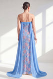 Vestido largo de madre de la novia con capa azul sirena brillante