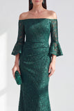 Vestido largo de la madre de la novia con cuentas de sirena verde oscuro al descubierto