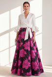 Vestido largo de Madre de la Novia con flor fucsia fucsia de escote en V y volantes