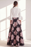 Vestido largo de Madre de la Novia con flor fucsia fucsia de escote en V y volantes