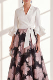 Vestido largo de Madre de la Novia con flor fucsia fucsia de escote en V y volantes