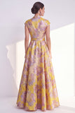 Vestido largo de madre de la novia azul marino con escote en V y flor en V y mangas cortas