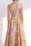 Vestido largo de madre de la novia azul marino con escote en V y flor en V y mangas cortas