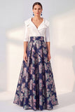 Vestido largo de madre de la novia azul marino azul marino A-Line con mangas 3/4