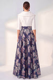 Vestido largo de madre de la novia azul marino azul marino A-Line con mangas 3/4