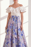 Vestido largo de Madre de la novia con volantes y flor rosa azul, en línea de A, en el hombro