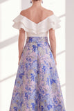 Vestido largo de Madre de la novia con volantes y flor rosa azul, en línea de A, en el hombro