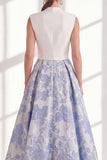 Vestido azul de Madre de la novia largo de escote en V con lazo