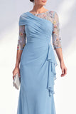 Vestido largo de madre de la novia con escote bateau de sirena verde con escote de gasa