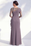 Vestido largo de madre de la novia con escote bateau de sirena verde con escote de gasa