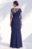Vestido largo de madre de la novia con escote bateau de sirena verde con escote de gasa