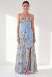 Vestido azul A-Line Floral Largo de Madre de la Novia con abertura