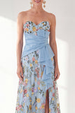 Vestido azul A-Line Floral Largo de Madre de la Novia con abertura