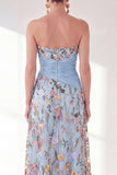 Vestido azul A-Line Floral Largo de Madre de la Novia con abertura