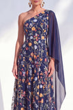 Vestido azul de A-Line de un solo hombro floral largo de madre de la novia con capa lateral