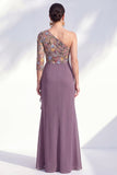 Vestido largo de madre de la novia, gris sirena, púrpura morado de un solo hombro