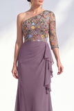 Vestido largo de madre de la novia, gris sirena, púrpura morado de un solo hombro