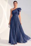 Vestido largo de madre de la novia, azul marino, línea en A, un hombro plisado y con volús, purpurina con volantes