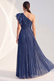 Vestido largo de madre de la novia, azul marino, línea en A, un hombro plisado y con volús, purpurina con volantes