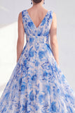 Vestido largo de mija de la novia azul de escote en V