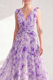 Vestido largo de Madre de la Novia de chiffon morado con escote en V y escote en V