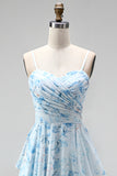 Vestido de Madre de la novia largo de chiffon azul A-line floral fino, tirantes largos