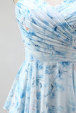 Vestido de Madre de la novia largo de chiffon azul A-line floral fino, tirantes largos