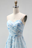 Vestido de Madre de la novia largo de chiffon azul A-line floral fino, tirantes largos