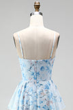Vestido de Madre de la novia largo de chiffon azul A-line floral fino, tirantes largos