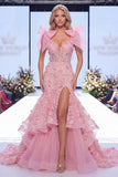Vestido largo de concurso con lazos florales de organza de sirena rosa y abertura