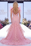 Vestido largo de concurso con lazos florales de organza de sirena rosa y abertura