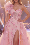 Vestido largo de concurso largo floral de mermaid rosa Sirena de un hombro transparente