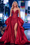 Vestido largo de concurso con corsé transparente Red Mermaid y fajilla