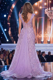 Vestido largo de concurso de belleza lila con escote en V con volantes y lentejuelas