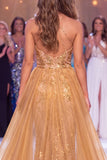Vestido largo de certamen con cuello halter dorado y brillante con faja de sirena