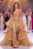 Corsé dorado transparente brillante, lentejuelas, vestido largo de concurso con abertura