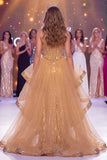 Corsé dorado transparente brillante, lentejuelas, vestido largo de concurso con abertura