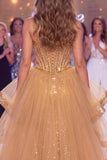 Corsé dorado transparente brillante, lentejuelas, vestido largo de concurso con abertura